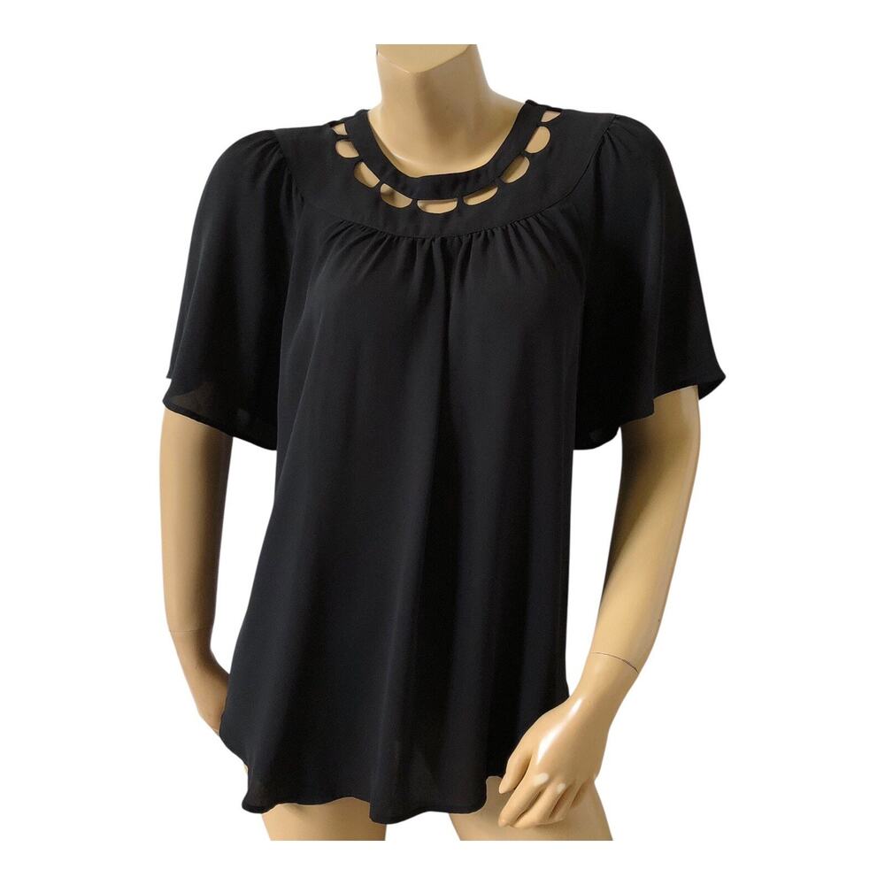 Ann Taylor Career Top Small Black Cutout Neck Sheer Flutter Sleeve Flowy Blouse